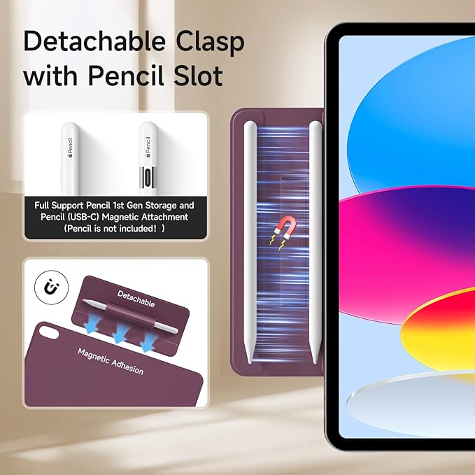 kenke Magnetic Case for iPad 11 Inch A16 2025/10th Generation 10.9 Inch 2022 with Detachable Clasp Slim Strong Magnetic Multi-fold Stand Cover with Pencil Holder Auto Wake/Sleep Purple