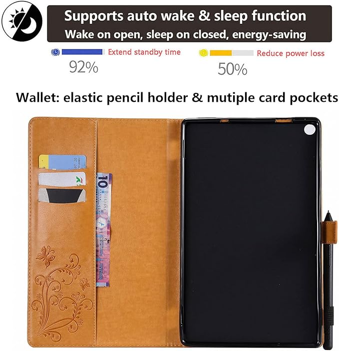 Kindle Fire HD 10 Tablet 2019/2017 Case 9th/7th Generation 10.1 with Pencil Holder Pockets [Auto Sleep/Wake] Folio Stand Embossed PU Leather Magnetic Smart Wallet TPU CoverYellow Butterfly