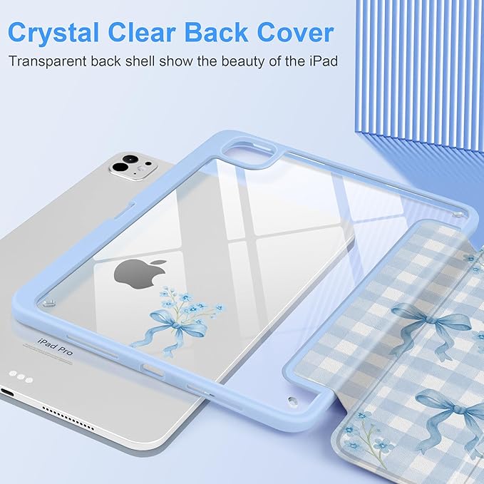 TWOLSKOO Case for iPad Pro 11-inch (M5 2025 / M4 2024) Clear Acrylic Back with TPU Bumper Pencil Holder Trifold Stand Auto Sleep/Wake Blue Gingham Bows