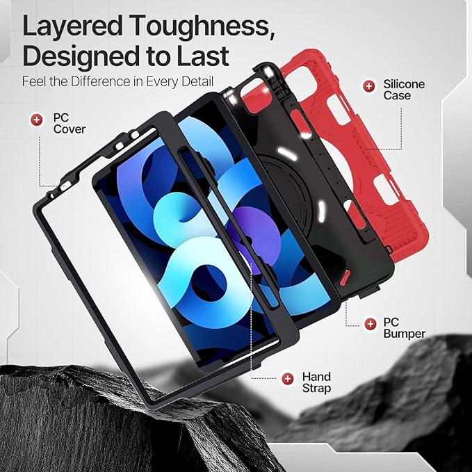 TNP Protective Case for iPad Air 5th 4th Gen 10.9 inch and iPad Pro 11 Inch 4th 3rd 2nd Generation (2022 2021 2020 2018) with Pencil Holder Handle Adjustable Stand &amp Shoulder Strap Red