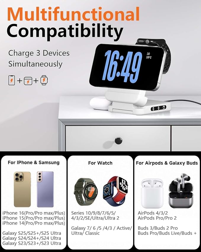 3 in 1 Foldable Wireless Charger 15W Qi2 Magnetic Charger Stand for iPhone &amp Samsung Apple Watch &amp Galaxy Watch AirPods &amp Galaxy Buds Travel-Friendly 25W PD Adapter Included