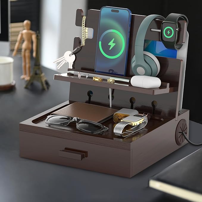 Nightstand Organizer for Men with Drawer Wood Docking Station with USB Ports and AC Outlets Gifts for Men Holds Phone Tablet Keys Glasses Earphones Etc（Brown）