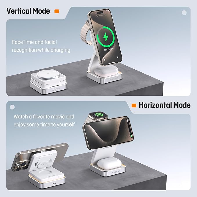【2026 Upgraded】Wireless Charger 3 in 1 Foldable Wireless Charging Station with Light for Apple MagSafe Charger Travel Magnetic Charger for iPhone 17/16/15/14/13/12 Apple Watch AirPods (20W Adapter)