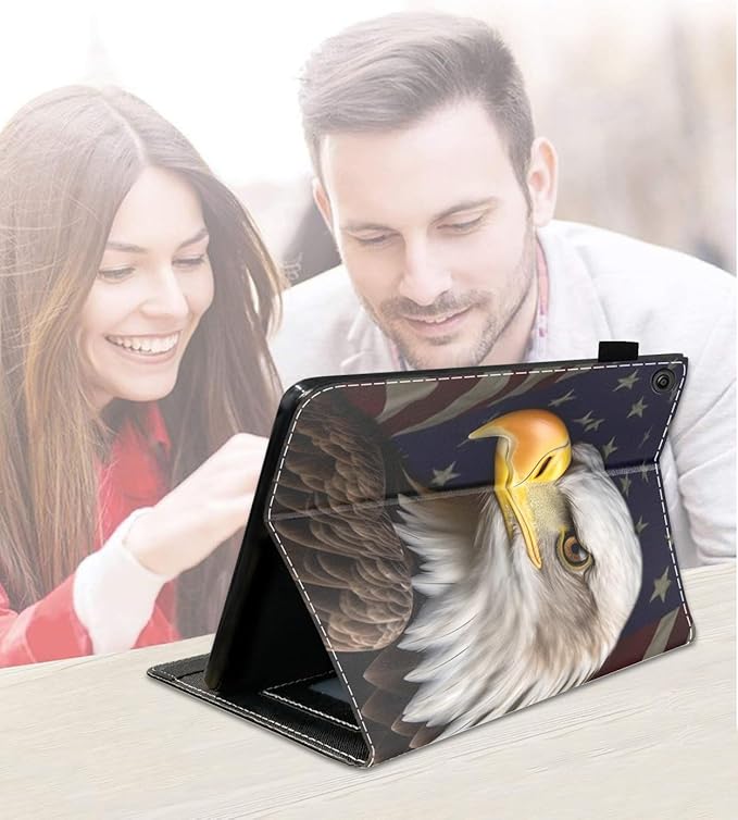 Case for Amazon Kindle Fire 7 Tablet (7 9th/7th Generation 2019/2017 Release) Slim PU Leather Cover with Card Slot &amp Auto Wake/Sleep - American Flag Bald Eagle