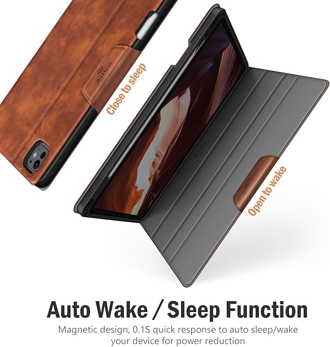 Antbox for iPad Pro 11 Inch Case M5 2025/M4 2024 Built-in Pencil Holder Fully Supports Pencil Pro/USB-C Auto Sleep/Wake Function Vegan Leather (Brown)