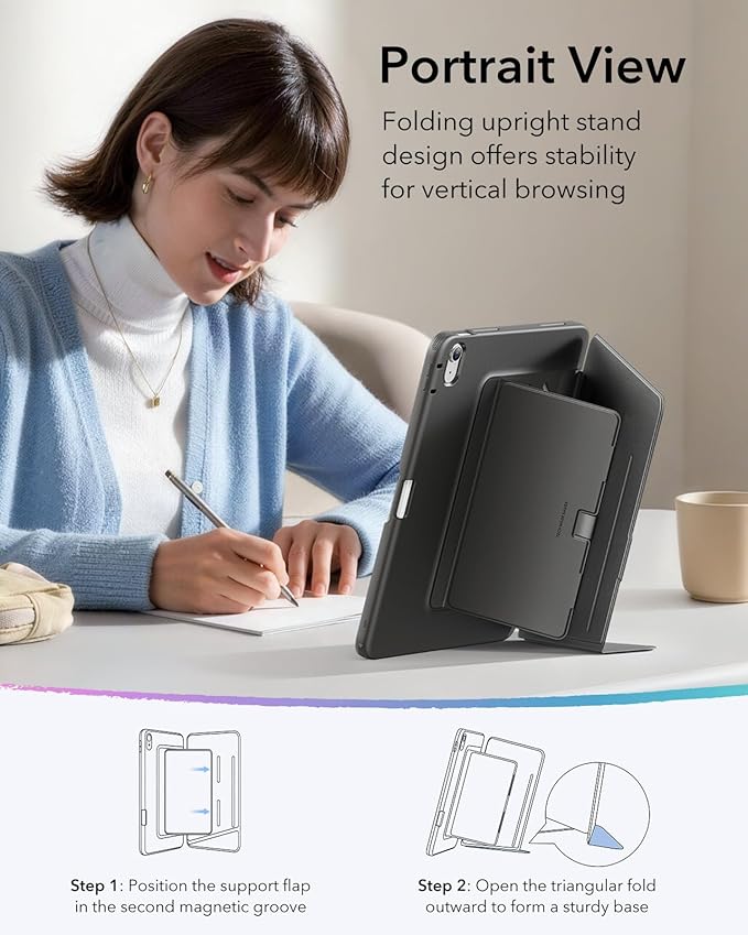 ESR for iPad Air 13 Inch Case M4/M3/M2 (2026/2025/2024) Vertical Stand Cover Multi Stand Angles Ultra-Stable Case with Pencil Holder Flip Series Black