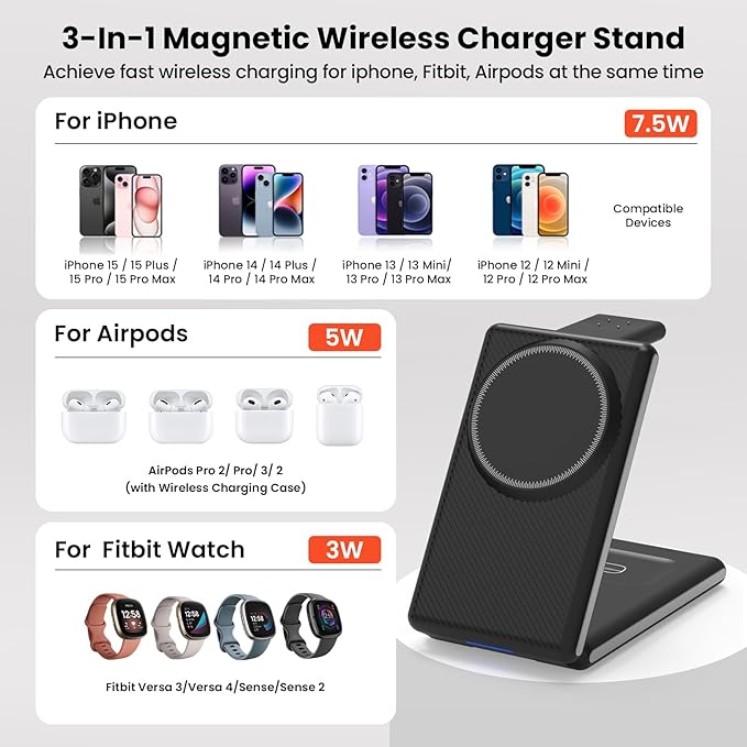 GEEKERA 3 in 1 Magnetic Wireless Charging Station for Fitbit Watch Foldable Wireless Charger Stand for iPhone 16/15/14/13/12 Pro Max Fitbit Watch Versa 4/Versa 3/Sense 2/Sense AirPods 3/2/Pro