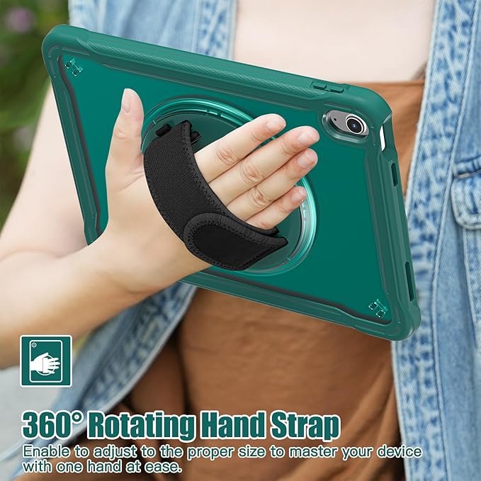 Case for iPad (A16) 11th/10th Generation 2025/2022 11/10.9 inch Rugged Shockproof Protective Cover with Screen Protector 360° Rotating Hand Strap&ampStand Pencil Holder Green