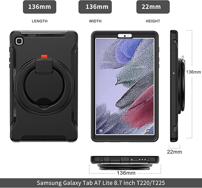 Shockproof Case for Samsung Galaxy Tab A7 Lite 8.7 Tablet Techcircle Rotating Stand Handle Heavy Duty Bumper Hybrid Cover Protective Case for Galaxy Tab A7 Lite (2021) SM-T220/T225 Black