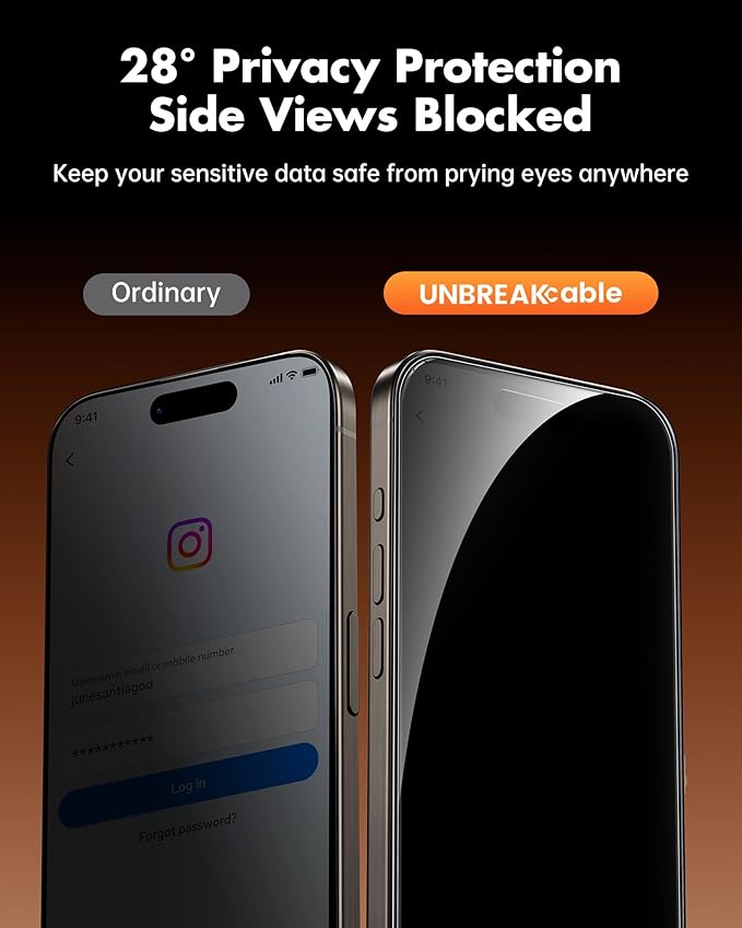 UNBREAKcable 4PCS Screen Protector for iPhone 15 Pro Max - 2 Privacy Tempered Glass+2 Clear Glass Double Shatterproof [Installation Frame] [9H Hardness] [Case Friendly] Anti-Scratch iPhone 6.7 inch