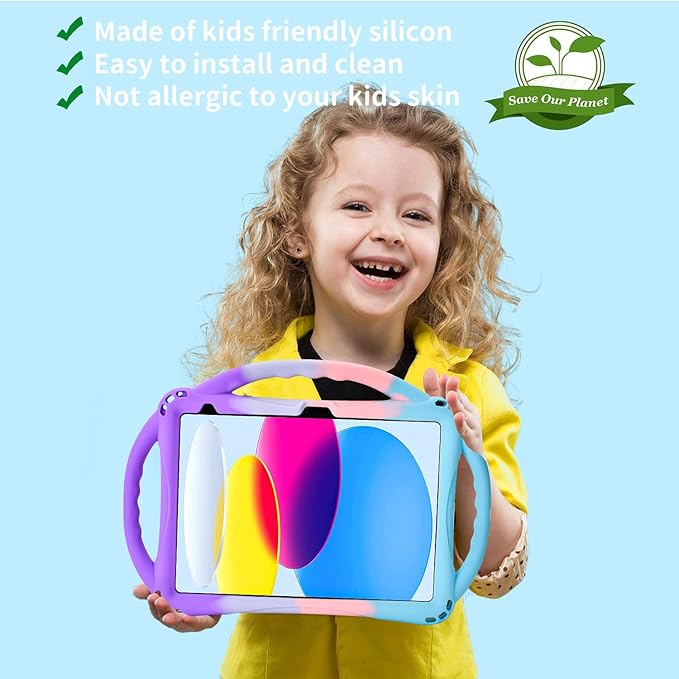 TopEsct Kids Case for iPad (A16) 11th Gen 11 2025 iPad 10th Gen 10.9 2022 with Tempered Glass Screen Protector Silicone Shockproof Case Comes with Strap (Purple&ampTurquoise)