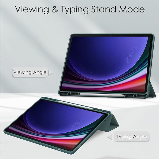 Stand Case for Samsung Galaxy Tab S8 Plus 2022/Tab S7 FE 5G 2021/Tab S7 Plus 2020 (12.4 Inch)UUcovers with Pencil Holder [Auto Sleep/Wake] Clear Transparent Back Shockproof Trifold Cover Dark Green