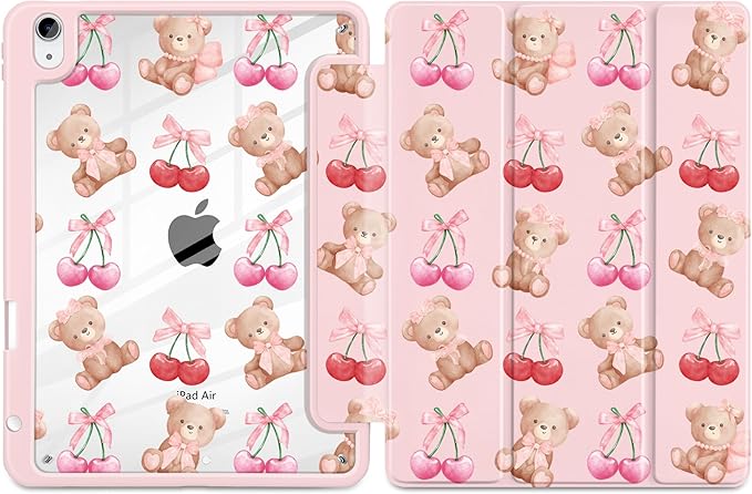 DONGKE Case for iPad Air 11-inch M4 2026 &amp M3 2025 &amp M2 2024 iPad Air 5th/4th Generation 10.9 2022/2020 [Built-in Pencil Holder] Clear Acrylic Back Trifold Stand Smart Cover Bear &amp Che