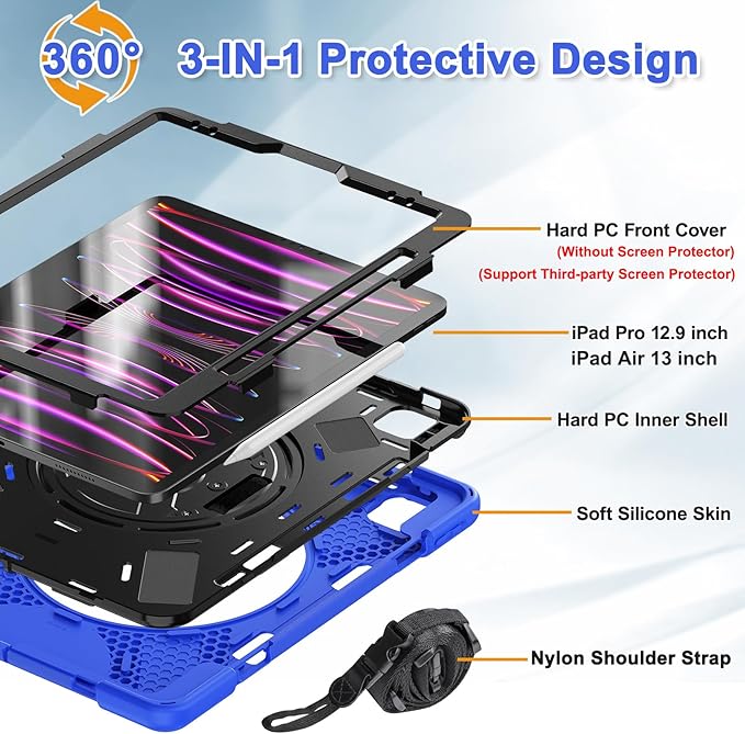 BRAECNstock Case for Apple iPad Air 13 inch (M4/M3/M2)/ iPad Pro 12.9 inch 6th/5th/4th/3rd Gen Shockproof Protective Kids Case with Pencil Holder 360° Rotating Stand&ampHand Strap Shoulder Strap