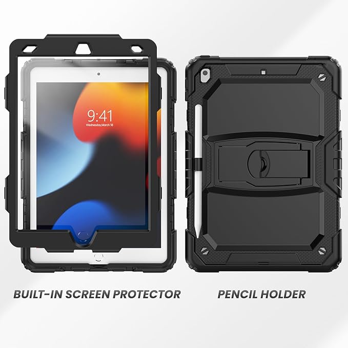 HXCASEAC Kids Case for iPad 9th/8th/7th Generation Full Body Protective Design | Foldable Stand | Screen Protector | Pencil Holder Durable for iPad 9th Gen / 8th Gen 10.2 inch Black