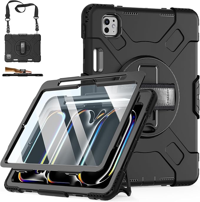 Case for iPad Pro 11 M5 2025/ M4 2024: Protective Cover for iPad Pro 11 Inch 5th Generation with Screen Protector- Stand- Handle- Shoulder Strap- Pencil Holder- Black+Black