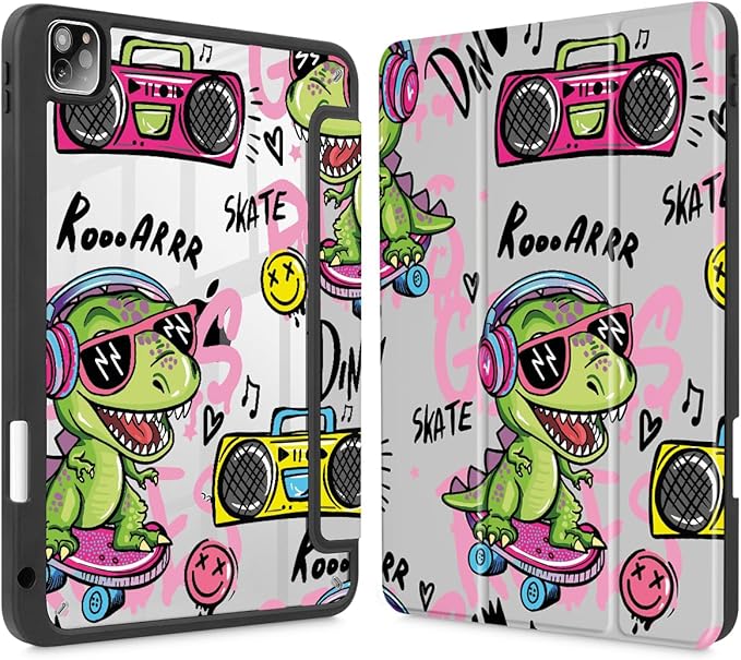 Mektron Case for iPad Pro 11 inch (4th 3rd 2nd &amp 1st Gen) 2022 2021 2020 2018 Buit in Pencil Holder with Shockproof Cover Clear Shell + Trifold Stand + Auto Wake/Sleep Cool Dinosaur