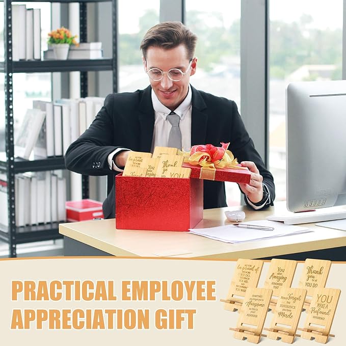 Ripeng 12 Pcs Employee Appreciation Gifts Bulk Bamboo Phone Stand for Desk Office Worker Thank You Gift for Administrative Assistant Team Coworkers Staff Nurse Teacher Week (Assorted Inspirational)