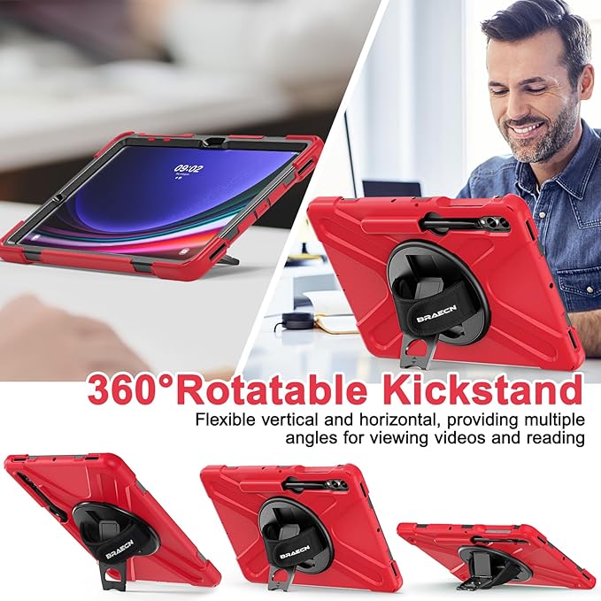 BRAECN for Samsung Galaxy Tab S10 Plus Case 2024/S9 Plus/S9 FE+/S8 Plus/S7 Plus /S7 FE 12.4 InchHeavy Duty Shockproof Case with S Pen Holder&amp360 Rotating Hand Strap/Kickstand Shoulder StrapRed