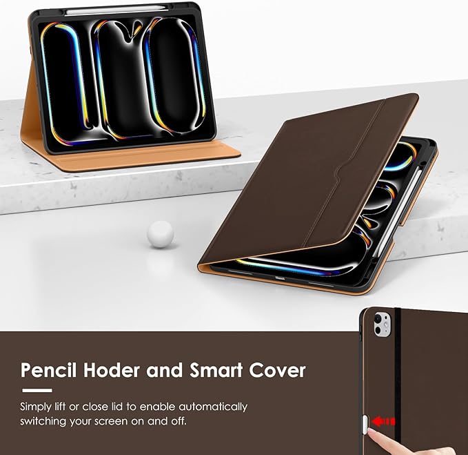 VIKESI Case for iPad Pro 13-inch M5 or M4 Released in 2025 or 2024 Leather Stand Cover with Apple Pencil Holder Auto Wake/Sleep Multiple Viewing Angles Built in Hand Strap &amp PocketDark Brown