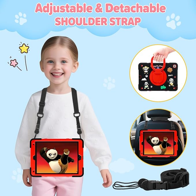 Case for iPad 9th/8th/7th GenerationCute 3D Cool Panda Warrior Design Cover with Screen Protector Rugged Protective Cartoon Case with Stand/Strap/Pen Slot for iPad 10.2 Kids Teens (Black+Red)