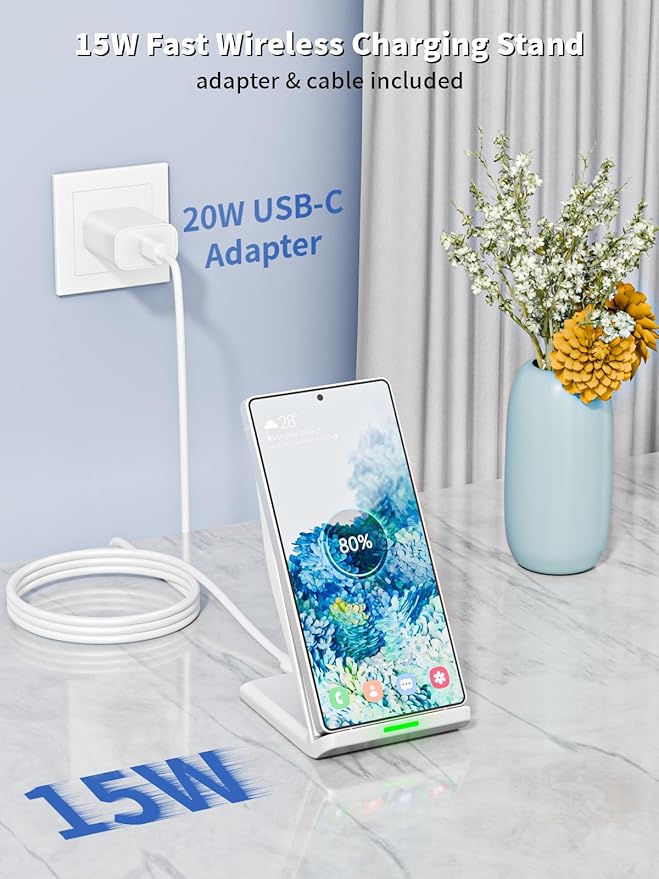 Wireless Phone Charger Stand15W Fast Android Wireless Charger Station for iPhone 17/17 Air/17 Pro Max/15/14/13 15W Fast Charging for Samsung Galaxy S23 S22 S21 with 20W USB C Charging Block Adapter