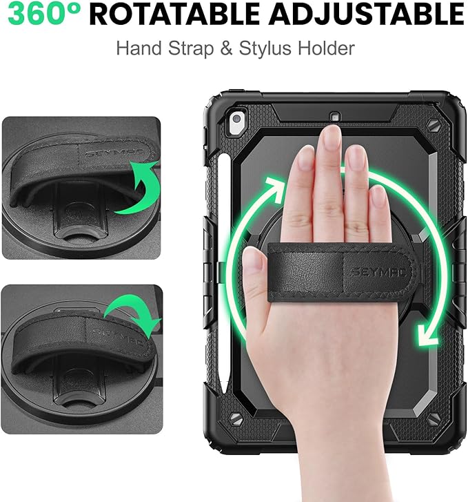 SEYMAC for iPad 9th/8th/7th Generation Case 10.2 2021-2019 Full-Body Shockproof Heavy Duty Protective Case with Screen Protector 360° Rotating Stand/Handle/Shoulder Strap for iPad 10.2 Black