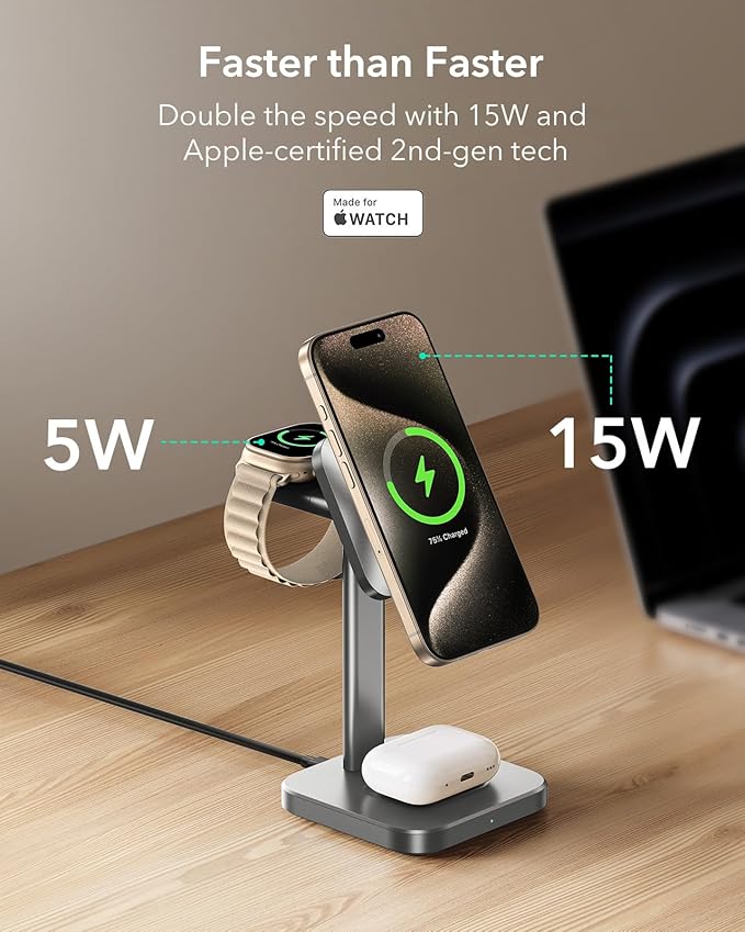 ESR for 3 in 1 Wireless Charging Station Certified Apple Watch Charger 15W MagSafe Charger Stand for iPhone Wireless Charger for Multiple Devices iPhone 17/16/15/14/13 Watch AirPods Grey