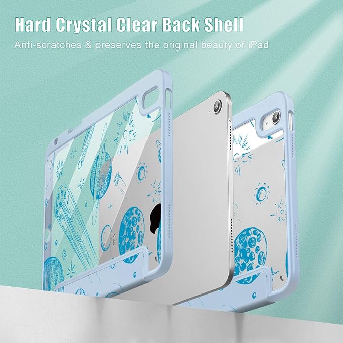 Tuiklol for iPad (A16 Chip) 11th Generation 11 inch 2025 / iPad 10th Generation 10.9 inch 2022 Case Buit in Pencil Holder with Clear Back Shell Cover Trifold Stand Auto Wake/Sleep Space Comets-Blue
