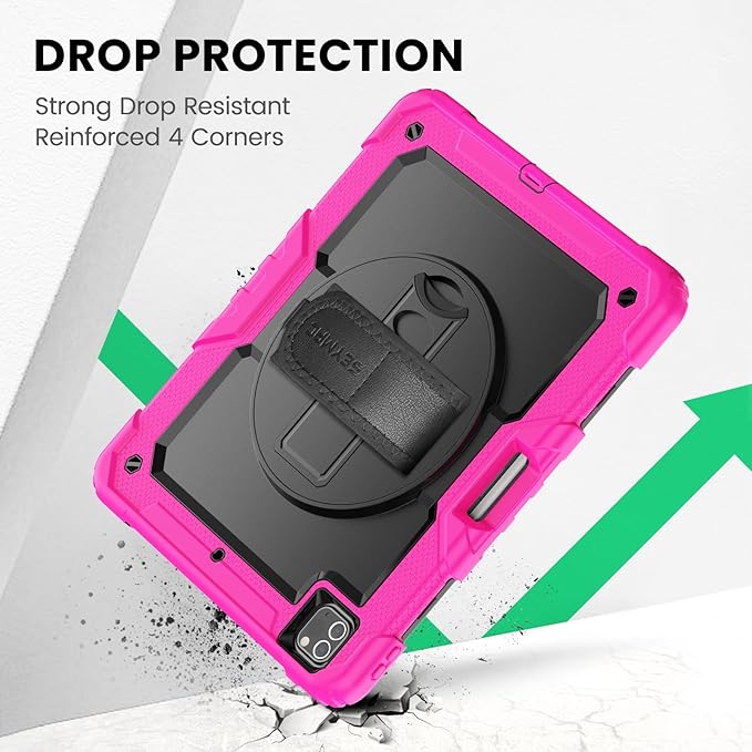 SEYMAC Kids Case for iPad Pro 12.9 2022/2021/ 2020/2018 Heavy Duty Protection Shockproof Case with Screen Protector 360° Rotating Stand/Handle/Shoulder Strap Supports Pencil 2 Charging Pink