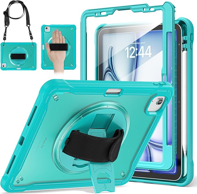 BRAECNstock Case for iPad Air 11-inch M4 2026/ M3 2025/ M2 2024 and Air 5th/4th Gen 10.9‘’ &amp Pro 11-inch 1st-4th 2018-2022 Kids Cover with Pencil HolderScreen ProtectorHandle Stand-Light Blue