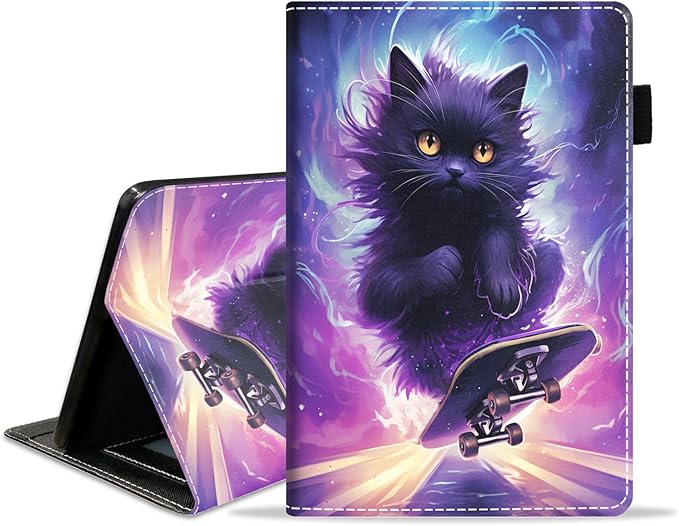 Case for Amazon Kindle Fire HD 8/Fire HD 8 Plus Tablet (12th/10th Generation 2024/2022/2020 Release) - PU Leather Folio Cover with Smart Auto Wake/Sleep Black Cat Playing Skateboard