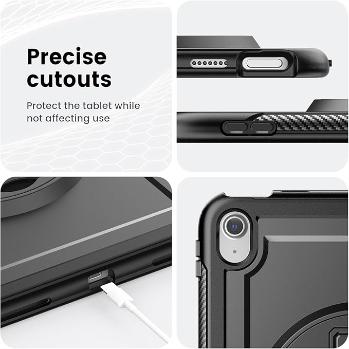 Case for iPad (A16) 11th/10th Generation 11''/10.9'' 2025/2022: Shockproof Protective Case with Hand/Shoulder Strap Pencil Holder Rotate Stand Screen Protector Black