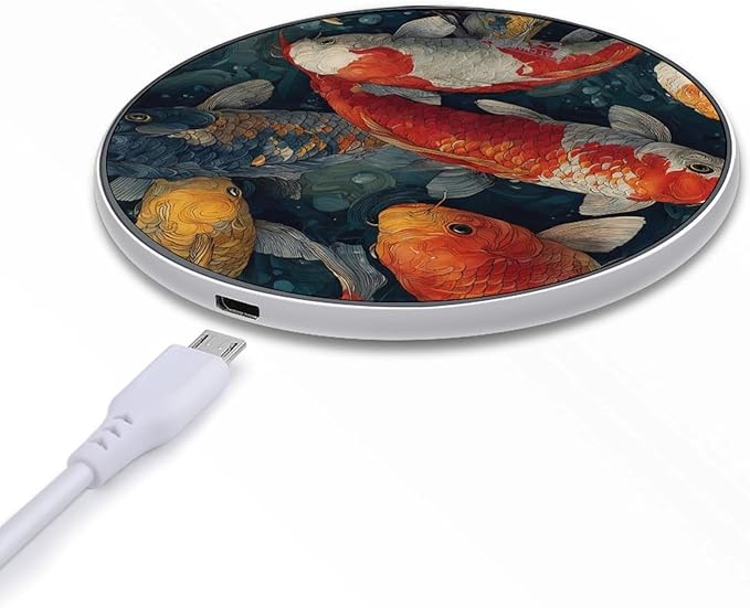 Japanese Fish Ponds Colorful Fast Portable Charger 10W Funny Graphic Phone Charging Pad with USB Cable