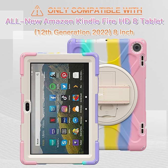 BRAECNstock Kids Case for Amazon Fire HD 8 Tablet 12th Generation 2024/2022 8 inch with Rotating Hand Strap + Stand Shouler Strap Pen Holder Shockproof Protective Kindle Fire HD 8 Case - Colorful Pink