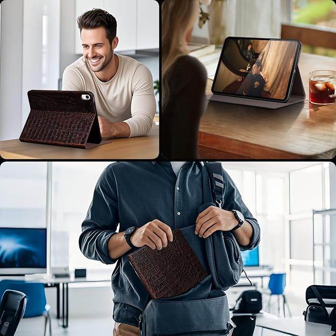 Gexmil Leather Case for iPad (A16) 11th Generation 11 Inch 2025 iPad 10th Generation 10.9 Inch 2022Protective Full Grain Leather Cover Support Auto Sleep/WakeAnti SlipBrown Crocodile