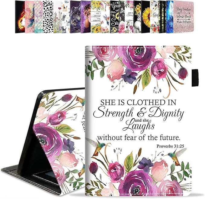 Case for Amazon Kindle Fire HD 10 &amp 10 Plus Tablet 10.1 (13th/11th Generation 2023/2021 Release) - PU Leather Folio Case with Smart Auto Wake/Sleep Pink Background Bible Verse Proverbs 31:25