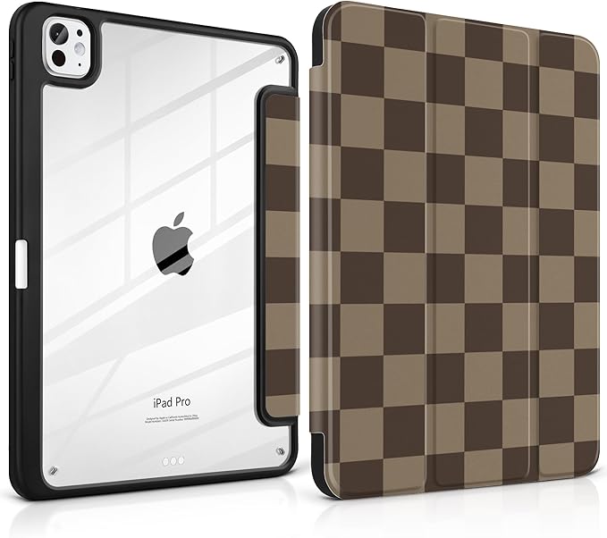 TWOLSKOO Case for iPad Pro 11-inch (M5 2025 / M4 2024) Clear Acrylic Back with TPU Bumper Pencil Holder Trifold Stand Auto Sleep/Wake Brown Checkerboard