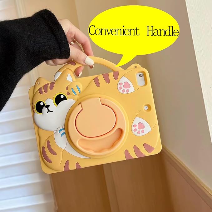 3D Cute Vivid Cat Case for iPad 9th/8th/7th 10.2 inch/Air 3rd 2019 /Pro 2017 10.5 inchKawaii Cartoon Character Pretty Cat Soft Silicone Rotating Stand Case with Lanyard for Kids Teens Girls Women