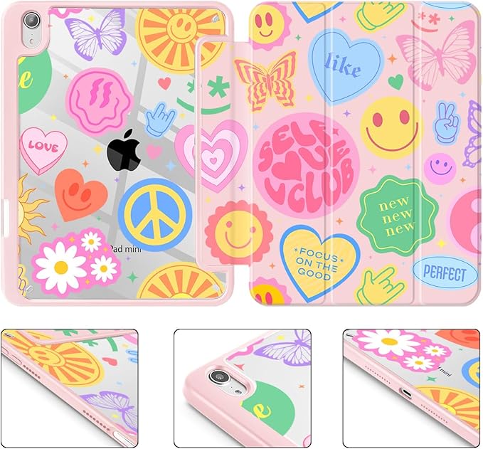 May Chen Hybrid Slim Case for iPad mini 7 (A17 Pro 7th Generation) 2024 / iPad mini 6 (6th Gen) 8.3 Inch [Built-in Pencil Holder] Shockproof Cover Clear Clear Back Shell Auto Wake/Sleep Smile Art