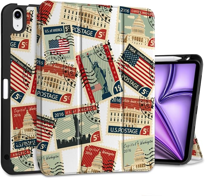 DONGKE for iPad Air 11 Inch Case M4 2026 / M3 2025 / M2 2024 &amp iPad Air 5th 2022 / 4th Gen 2020 10.9 Inch Ultra Thin Soft TPU Back Cover with Pencil Holder Support Auto Wake/Sleep Retro Stamps