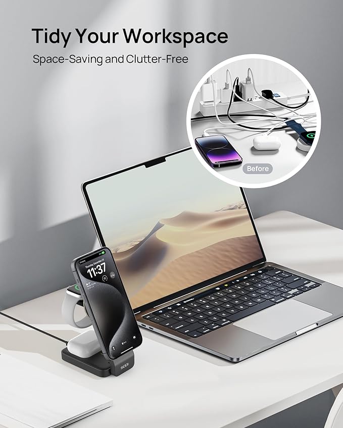 SODI Qi2 3-in-1 Foldable Wireless Charging Station with Night Light Fast 15W Portable Travel Charger Stand Nightstand Charger for iPhone/Android/Apple Watch/AirPods(W79-2)