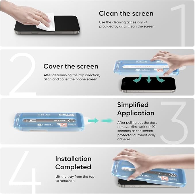 FLOLAB NanoArmour ONETIME MAX for iPhone 16 Plus Screen Protector: Clear Anti-Blue Light Screen ProtectorInfinity Edge Military-Grade Tempered Glass Durable Easy Install Dust-Free