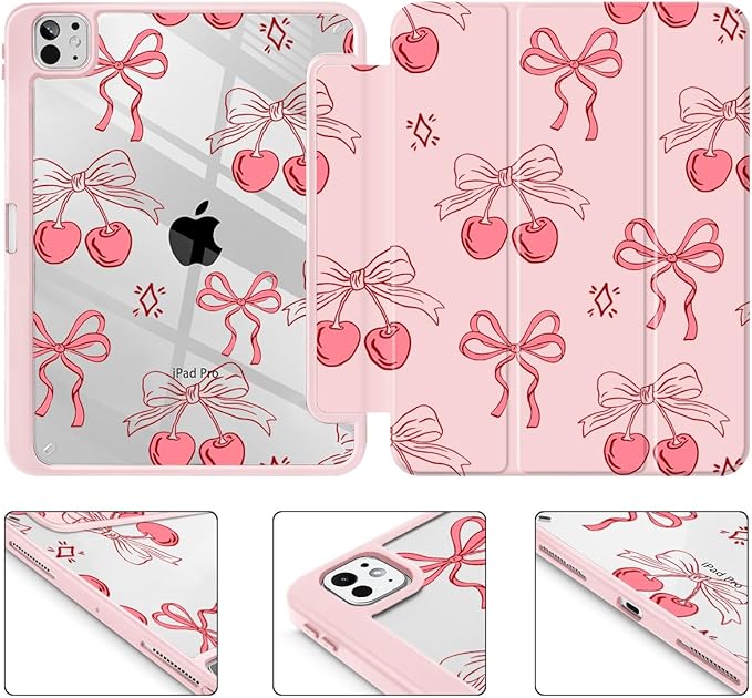 May Chen Case for iPad Pro 11-Inch M5/M4 2025/2024 (6th/5th Generation) [Penceil Holder] Trifold Stand Auto Wake/Sleep Clear TPU Protection Back Cover Coquette Cherry Bow