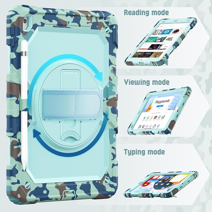 Case for iPad 9th/ 8th/ 7th Generation 10.2'' Shockproof 360° Rotating Hand Strap &amp Kickstand Protective Cover with Screen Pencil Holder for iPad 10.2 inch 2021-2019 Camo Blue