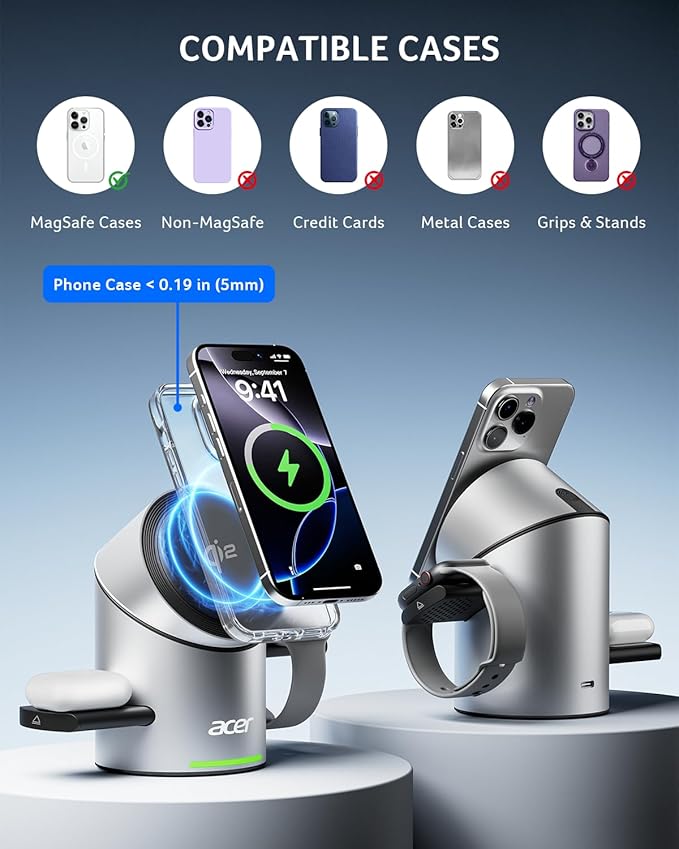 Acer Prime 3 in 1 Charging Station for Apple - Qi2 15W iPhone Wireless Charging Station Magsafe Charger Stand for iPhone 17 16 15 14 13 12 - Apple Watch - Airpods Series (Charger &amp USB-C Included