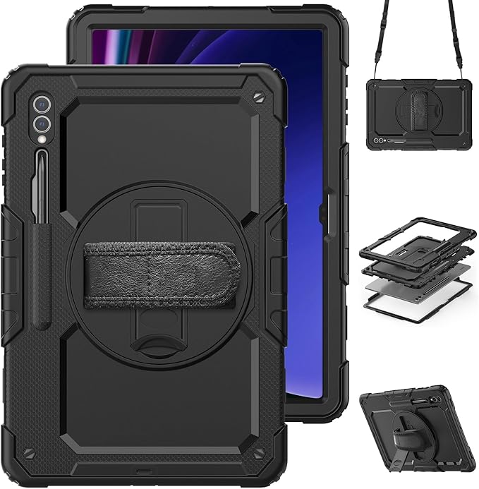 Case for Samsung Galaxy Tab S10 Ultra / S9 Ultra / S8 Ultra Case 14.6 inch with Screen Protector Hand Strap Shoulder Strap Rotating Stand and Pen Holder Black