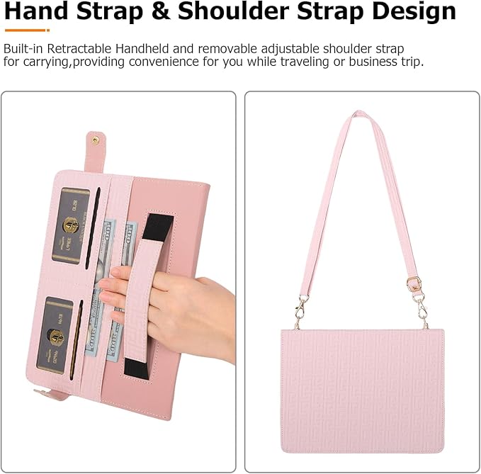 Dteck Handbag Case for iPad 9th/8th/7th Generation 2021/2020/2019 10.2 Inch with Pencil Holder Folio Stand PU Leather Crossbody Shoulder Hand Strap Card Pockets Magnetic Envelope Wallet CoverPink