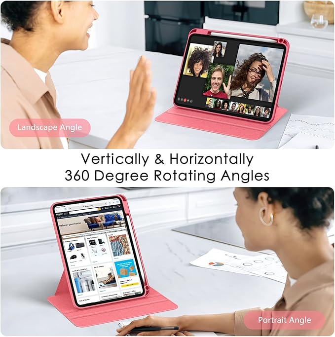 Soke Rotating Case for iPad (A16) 11th Generation 2025 iPad 10th Gen 2022 with Pencil Holder [Shockproof + Auto Sleep/Wake] 360 Degree Rotation Clear Back for iPad 11/10.9 - Watermelon