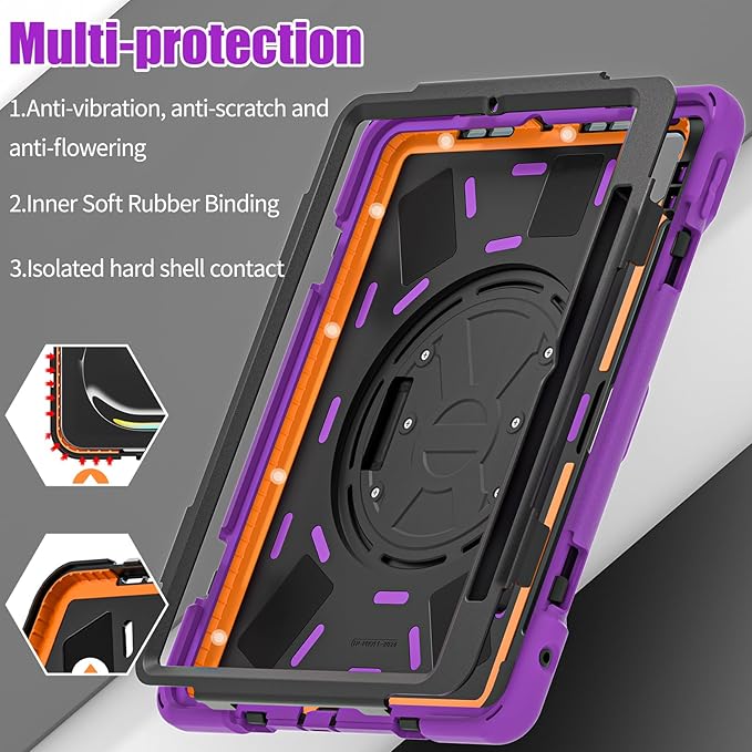 Batianda Case for New iPad Pro 11-inch 2025 M5 2024 M4 Chip Heavy Duty Rugged Durability Silicone Tablet Cover with 360° Rotating Hand Strap Foldable Hidden Stand &amp Shoulder Strap Purple